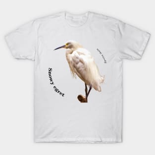 Snowy egret tropical bird pin black text T-Shirt